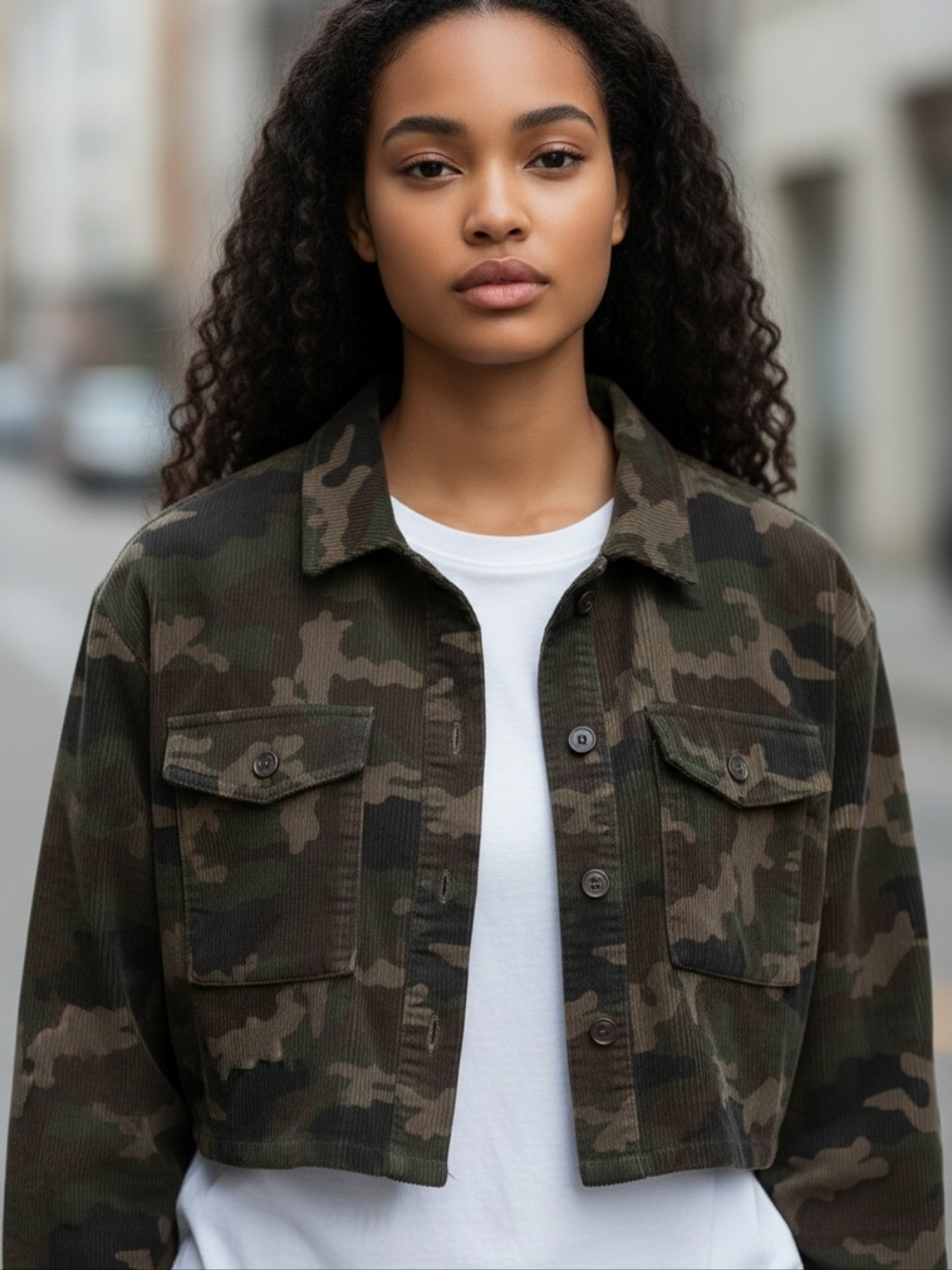 New Look Camouflage Corduroy Cropped Button Jacket Green Brown Camo